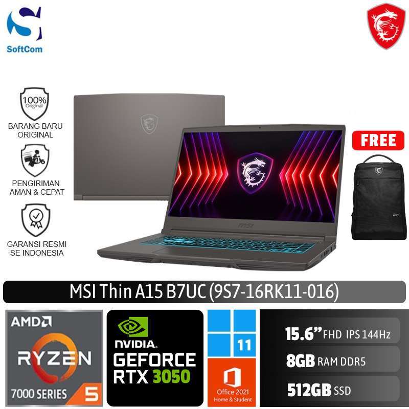 MSI Thin A15 B7UC 016 Laptop Gaming [R5 7535HS/8GB/512GB SSD/RTX3050  144Hz/Win 11 Home OHS 2021]