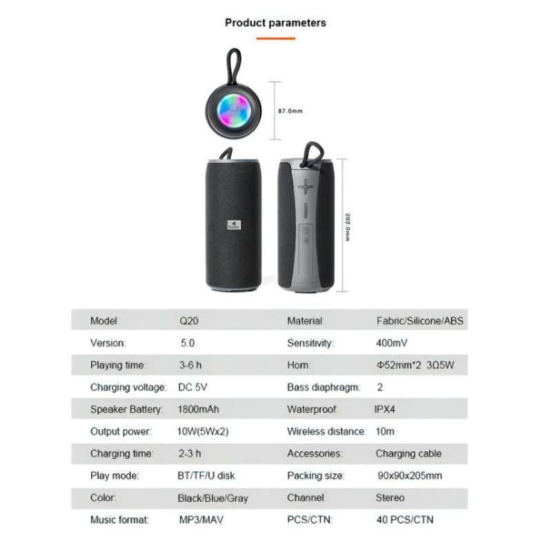 Promo Kisonli Speaker Bluetooth Q20 Waterproof Ipx4 With Led Light Bass ...