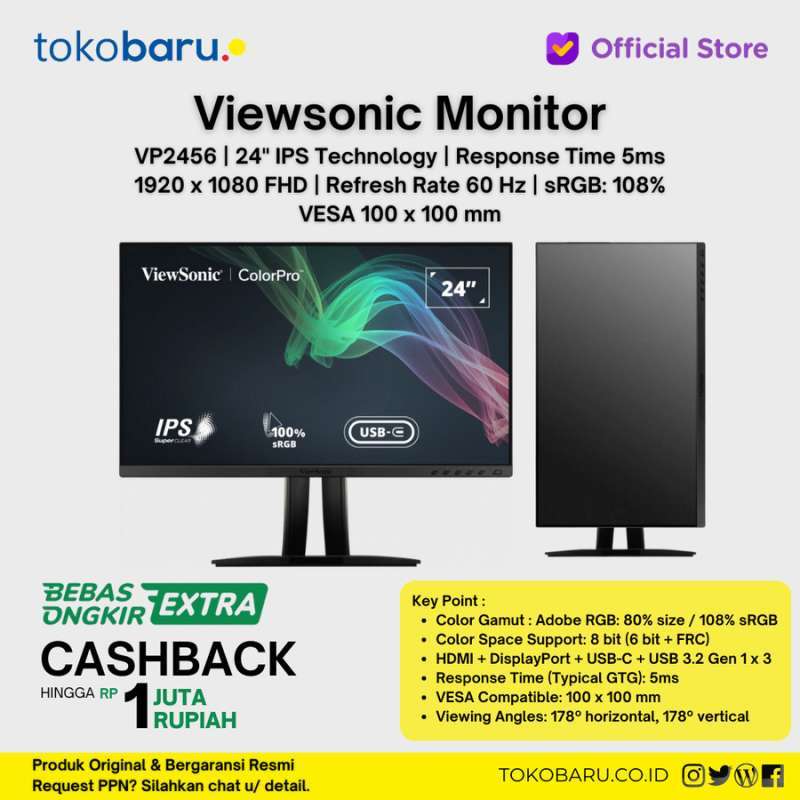 ViewSonic VP2456 24 Inch IPS Monitor - 1080p USB-C With 60W Power Delivery