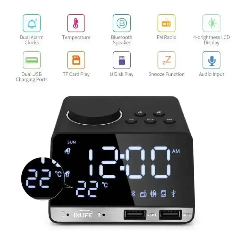 Inlife Bluetooth Alarm Clock Speaker with USB Charging, Modern Design, and Accurate Alarms, Perfect for Music Lovers and Gadget Users