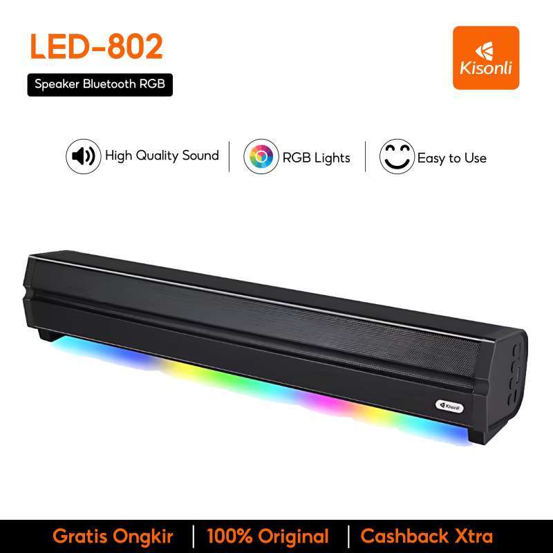 KISONLI LED-802 Speaker Bluetooth Wireless dengan Super Bass, Desain Ramping, dan Pencahayaan LED untuk Penggunaan Komputer, Dimensi 45x8x9cm
