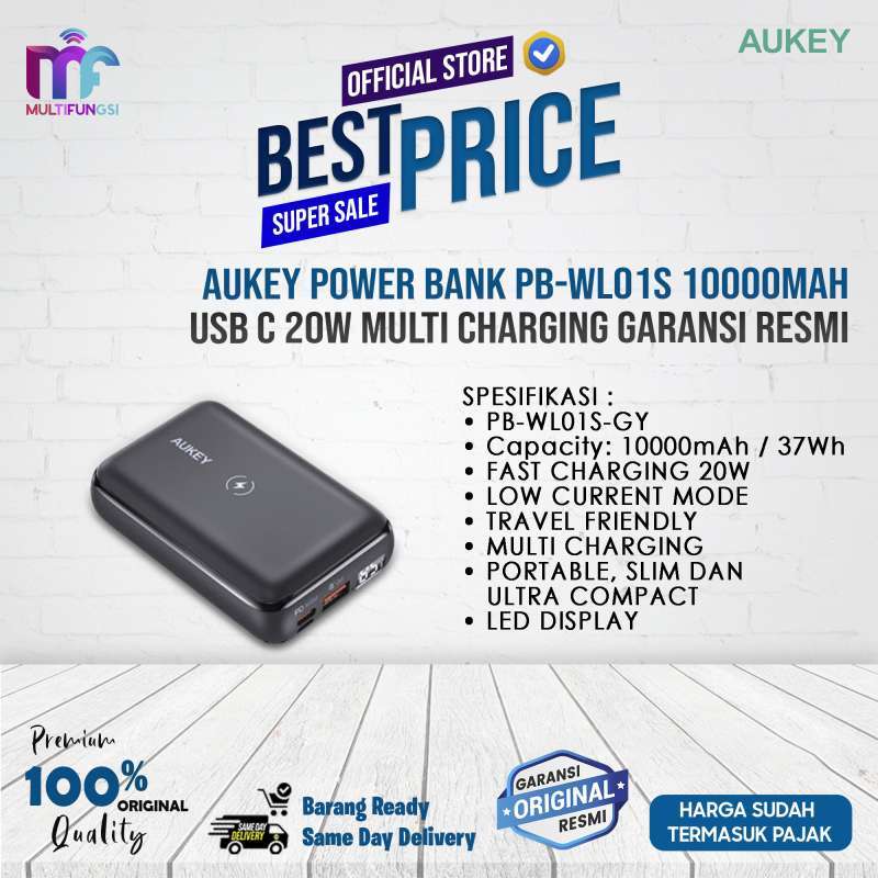Aukey Power Bank PB-WL01S 10000mah USB C 20W Multi Charging Garansi Resmi