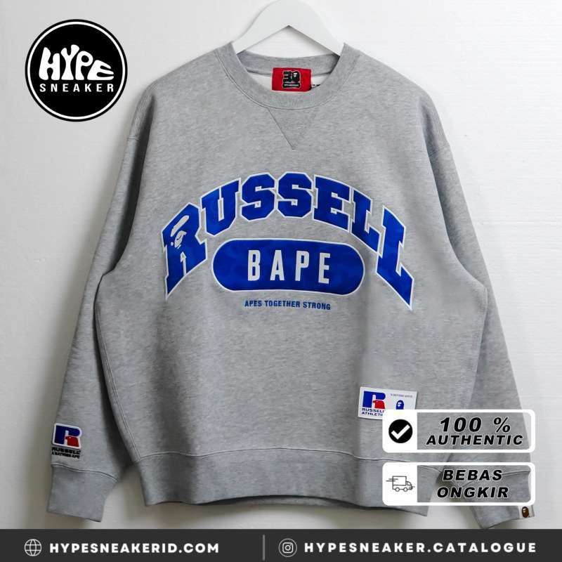 Sweater BAPE X RUSSELL EMBROIDERY TEXT LOGO GREY SWEATSHIRT 100 ORIGINAL