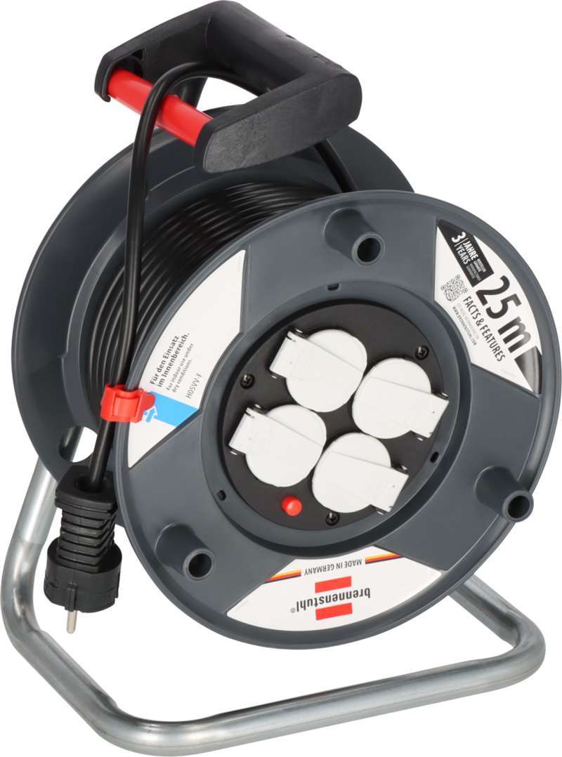 Velamp Alargador Eléctrico 50m Con Enrollacables - 4 Tomas Schuko + Italiana 10/16A - Interruptor Protección 3200W - Cable 3G 1,5mm²