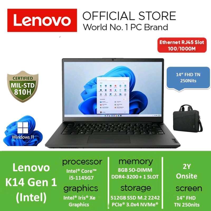Lenovo K14 Gen 1 dengan Intel Core i5 Generasi ke-7, 8GB RAM, dan SSD 512GB, Layar 14 FHD, Wi-Fi 6E dan Bluetooth. Ideal untuk Pelajar dan Profesional