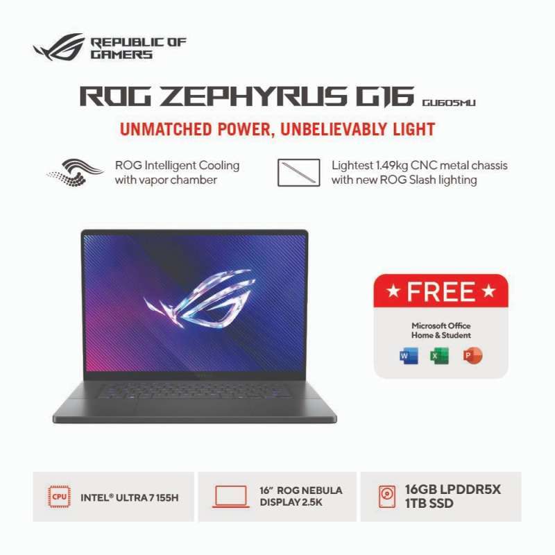 Asus ROG Zephyrus G16 GU605MU-I745OL6G-O /Intel Core Ultra 7-155H/16GB/1TB  SSD/NVIDIA GeForce RTX 4050 6GB/16″ OLED/Win 11 Home+OHS 2021/Eclipse Gray
