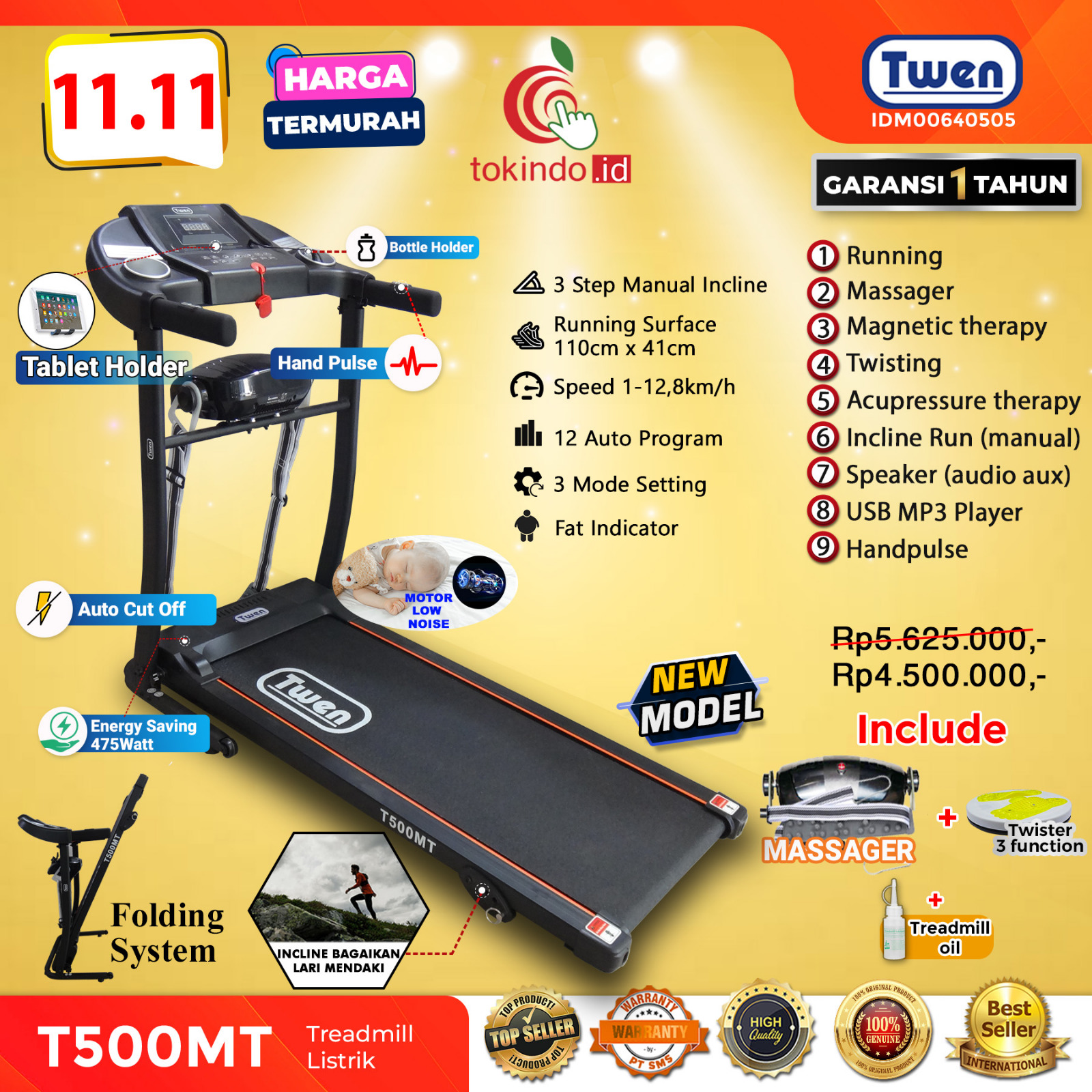 Jual Treadmill Listrik Multifungsi Twen T500mt Black Di Seller Tokindo