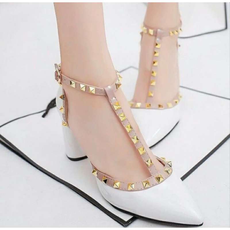 SEPATU HIGH HEELS WANITA VALENTINO PUTIH WHITE UL50 HEELS HAK 5cm FASHION  KOREA STYLE KEKINIAN SEPATU KERJA KANTOR PESTA KONDANGAN FORMAL CASUAL TREND