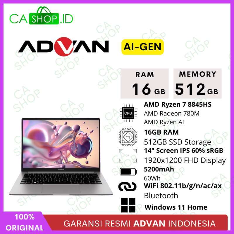 Advan AI Gen Laptop dengan AMD Ryzen 7, RAM 16GB, dan Layar 14 FHD, Ideal untuk Profesional yang Mengutamakan Kinerja dan Mobilitas
