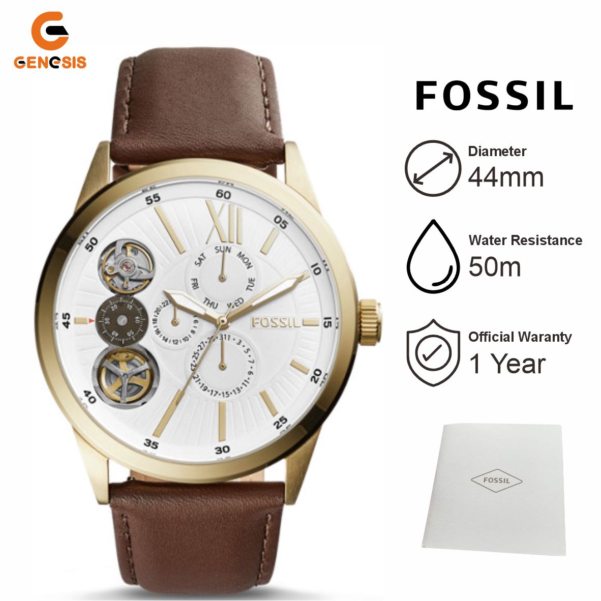 Jam Tangan Pria Fossil BQ2218 Automatic Flynn Mechanical Leather Watch Brown