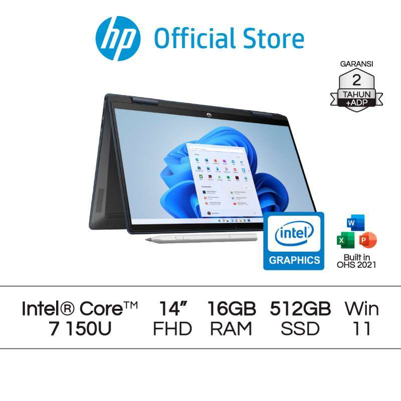 HP Pavilion x360 14 FHD Laptop dengan Touchscreen, Intel Core i7, 16GB RAM, 512GB SSD, Dirancang untuk Pengguna Kreatif dengan Tampilan Elegan