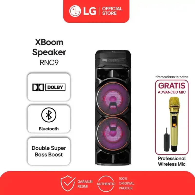 LG XBOOM RNC9 - Portable Bluetooth Speaker untuk Hiburan, Suara Kuat, Pencahayaan LED, dan Karaoke. Ideal untuk Pesta dan Acara Luar Ruang