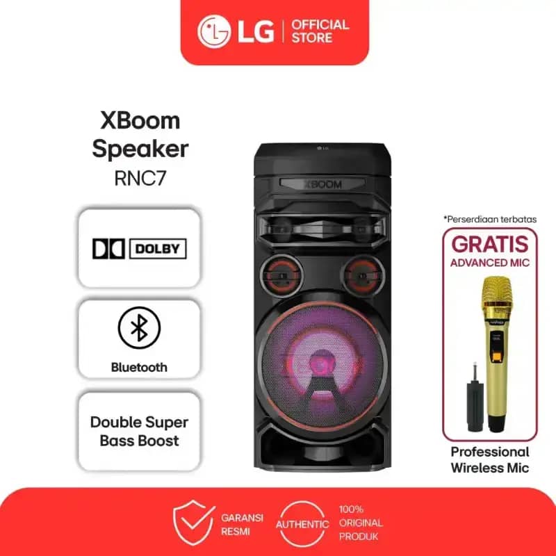 Sistem Audio LG XBOOM RNC7 dengan Konektivitas Bluetooth dan USB, Pencahayaan LED Multi-Warna, serta Fitur Karaoke. Ideal untuk Pesta dan Aktivitas Luar Ruangan