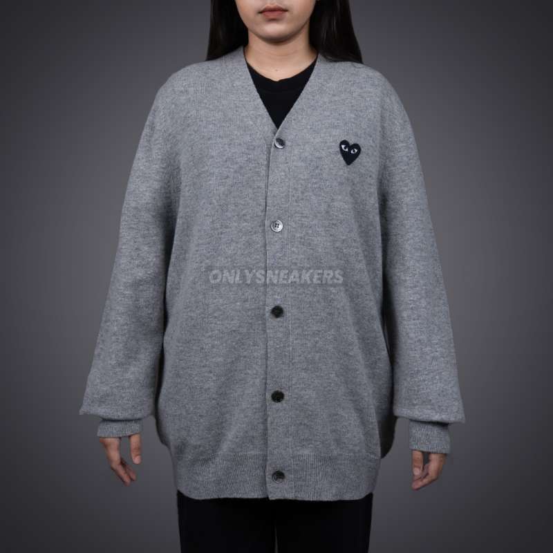 CDG PLAY BLACK HEART KNIT CARDIGAN SWEATER GREY