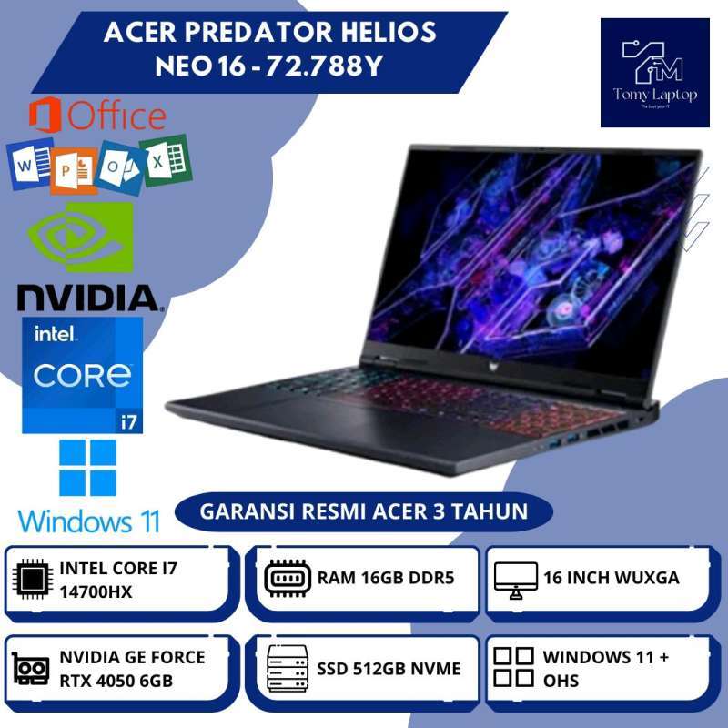 LAPTOP BARU ACER PREDATOR HELIOS NEO 16 INTEL CORE I7-14700HX RAM 16GB DDR5  SSD 512GB NVME 16INCH WUXGA BLK