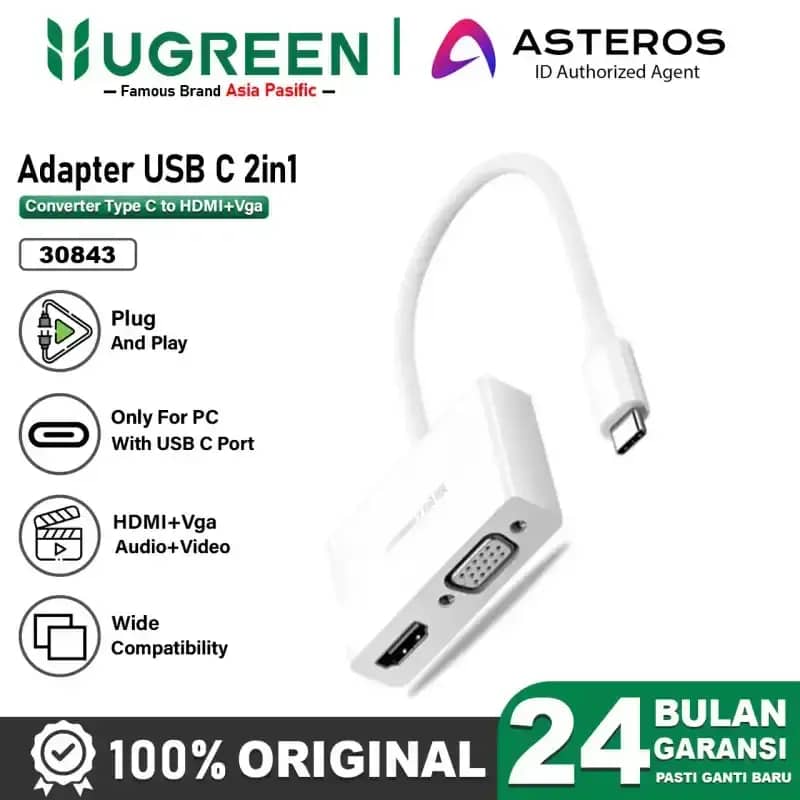 UGREEN Converter Type C To HDMI dan VGA Adapter 2in1 Laptop, Mac USB C