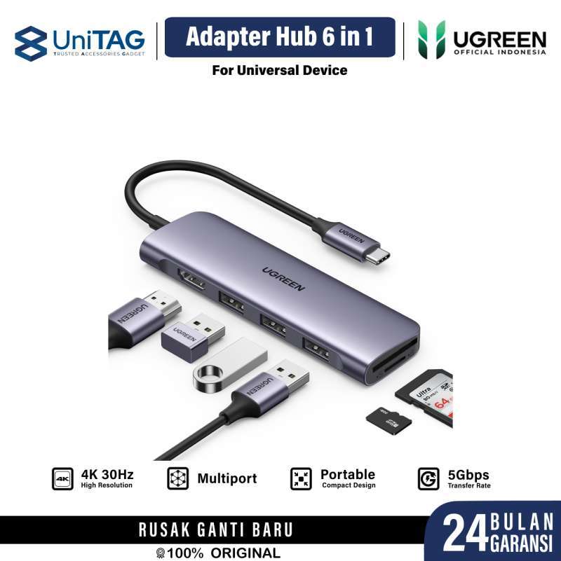 Promo Ugreen Adaptor Converter Hub 6 In 1 Type C To Hdmi SD Card Tf For ...
