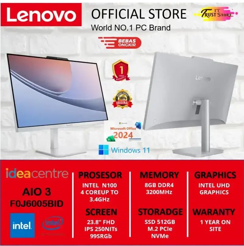 Jual Lenovo Aio A100 Intel N100 8gb 512 Ssd Display 23.8 Fhd Win