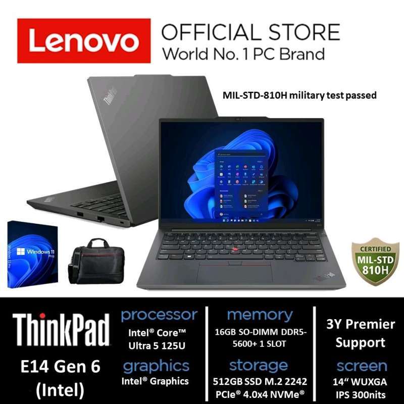 Lenovo ThinkPad E14 Gen 6 dengan Intel Core Ultra 5, SSD 512GB, dan Layar Anti-Silau 14. Ideal untuk Profesional dengan Dukungan Premier 3 Tahun