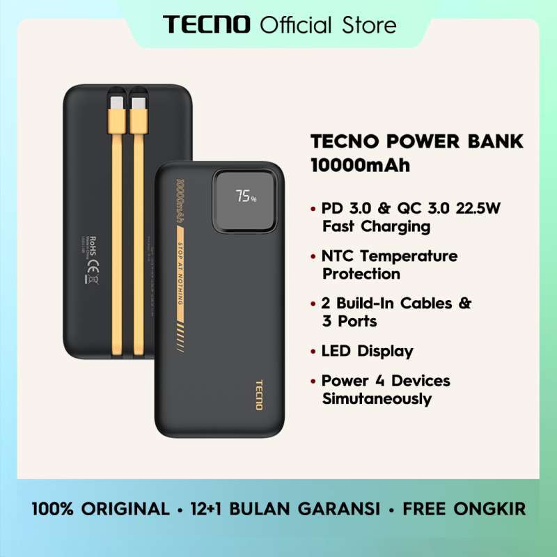 Promo Tecno Power Bank 10000 Mah, Pd Qc Fast