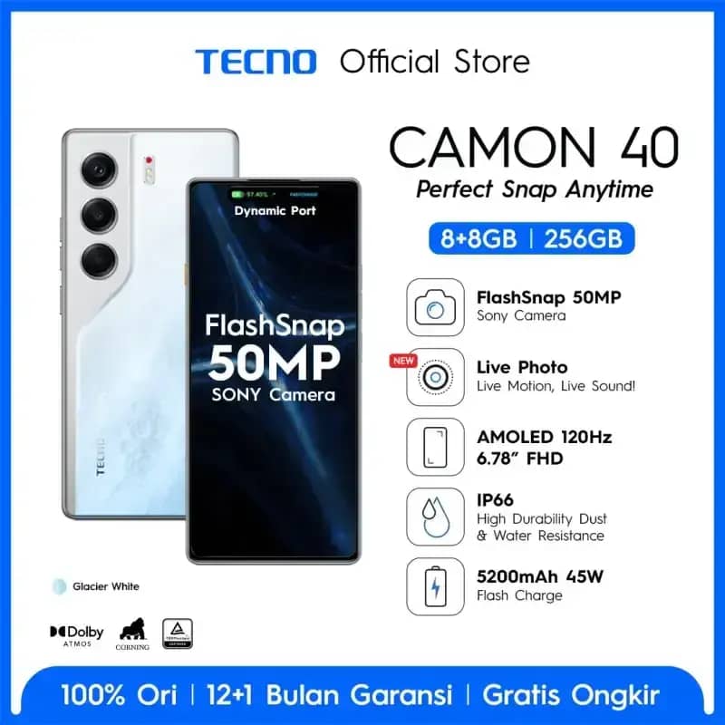 [FLASH SNAP] TECNO CAMON 40 8+8GB*256 GB, 50MP Sony 8MP Ultra Wide  Camera, 32MP Front Camera, 120hz AMOLED, IP66, 5200mAh, 45W[FLASH SNAP]  TECNO CAM