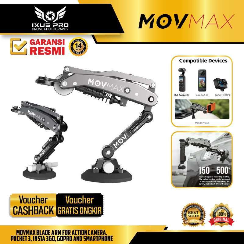thumbnail image 2 of MOVMAX Blade Arm For DJI Osmo Pocket 3, Insta360 X4, And Mobile Phones – Suction Cup Mount With 1/4-20 Screw 2 of 6