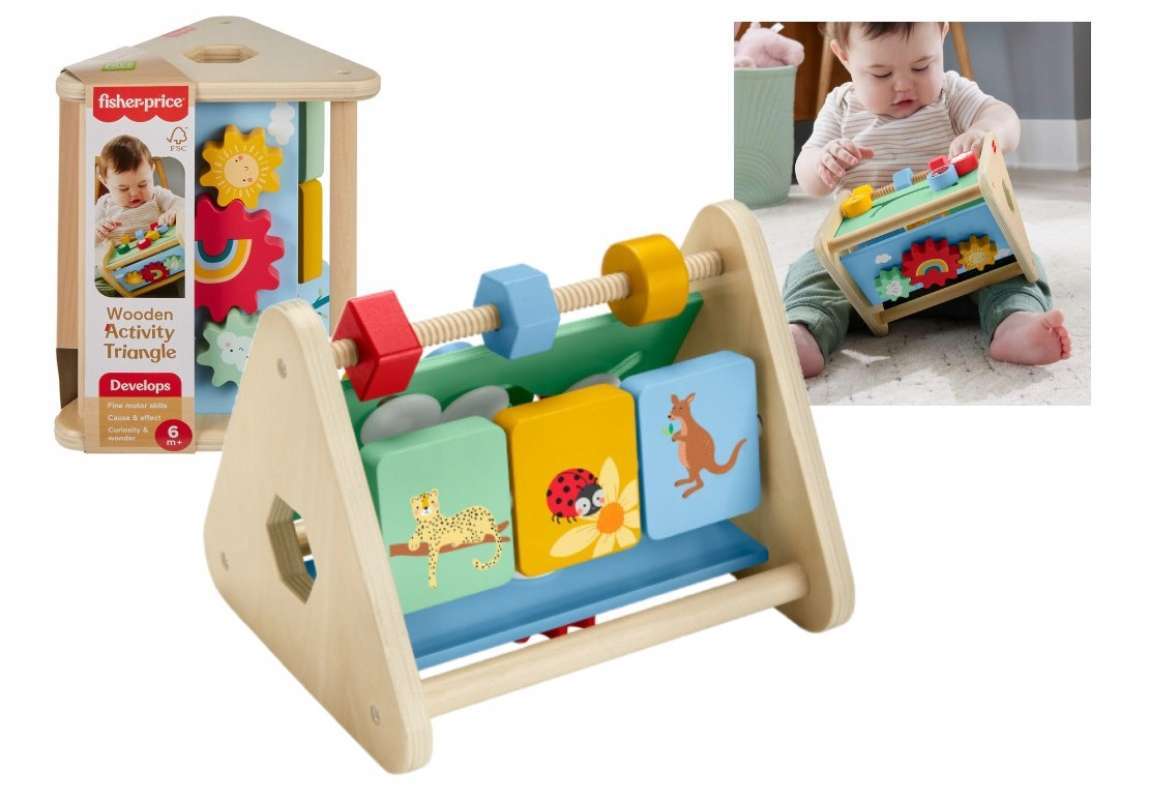 Fisher Price Baby Toy Wooden Activity Triangle, 3-Sided Wood Fine Motor  Play for Infants Ages 6+ Months, HYG48