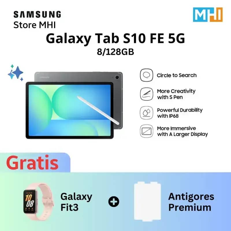 Samsung Galaxy Tab S10 FE 5G dengan Layar 10.9 Inci dan Penyimpanan Hingga 256GB, Tahan Air IP68, Ideal untuk Hiburan dan Kerja 5G