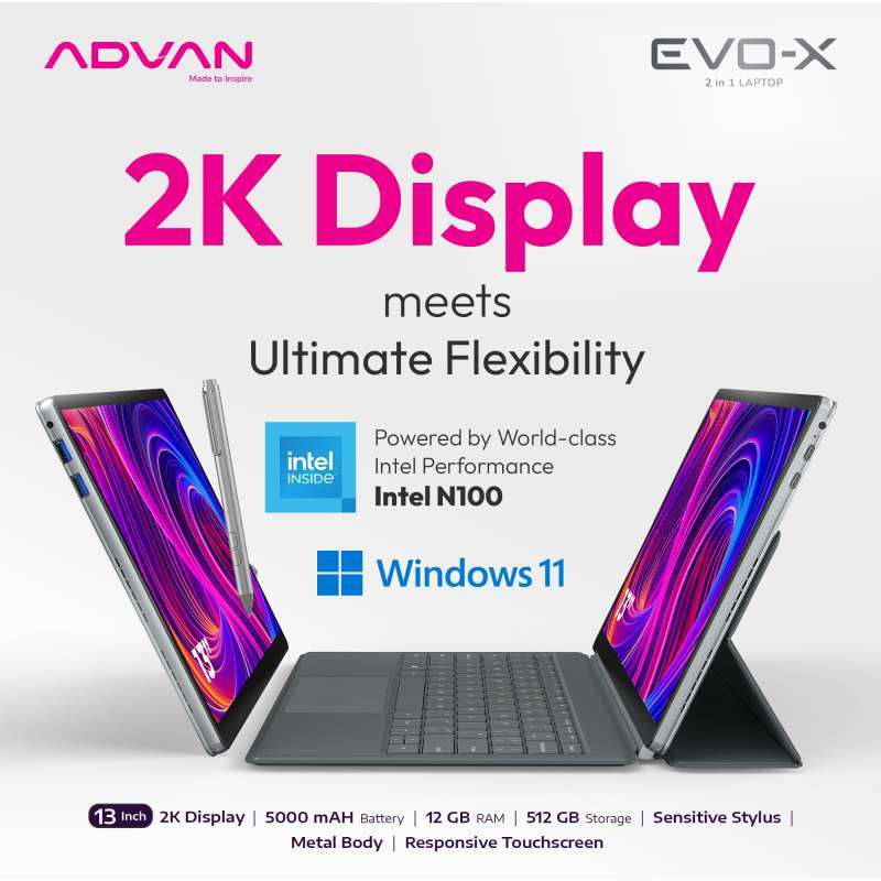 ADVAN 2-in-1 Laptop EVO-X with Detachable 13 Touchscreen, 2K Display, Intel N100, 12GB RAM, 512GB SSD, and Free Stylus Pen for Creative Users