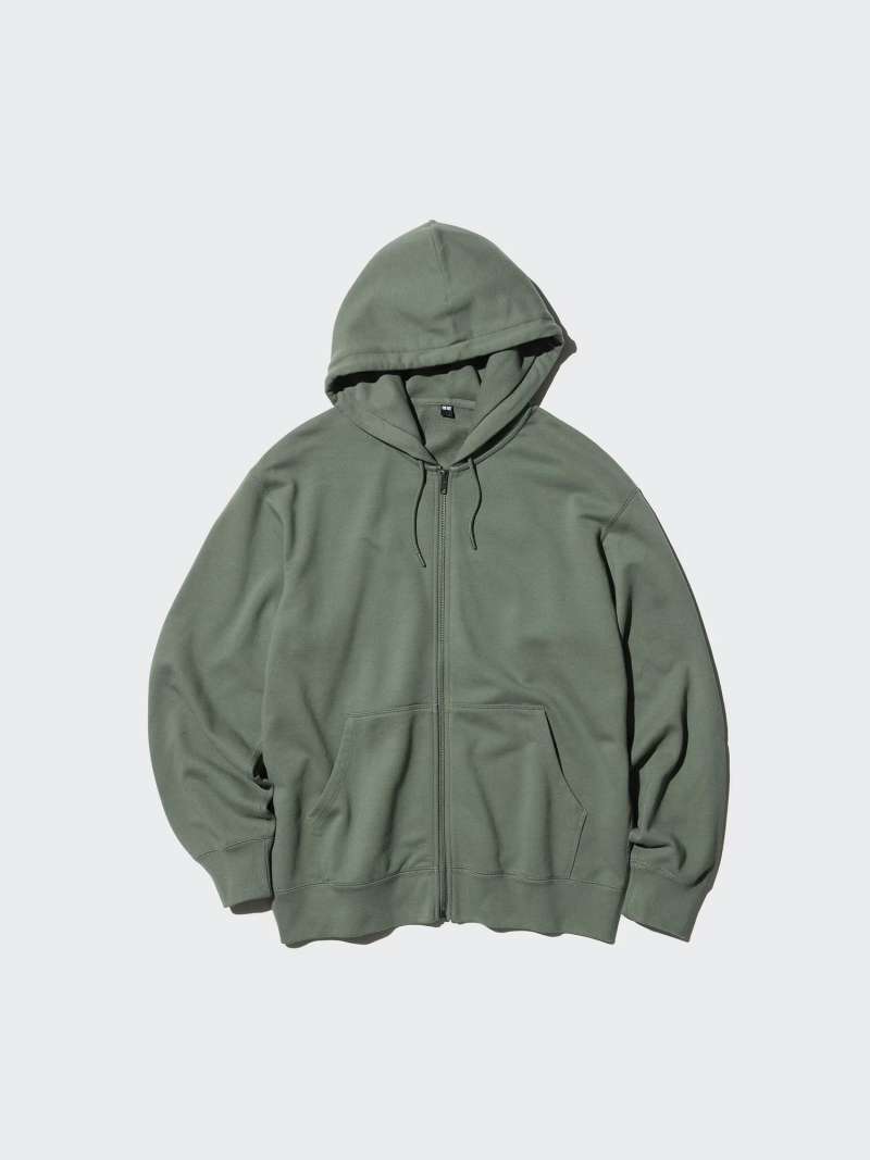 UNIQLO Jaket Sweat Hoodie pria Ritsleting Full Zip GREEN