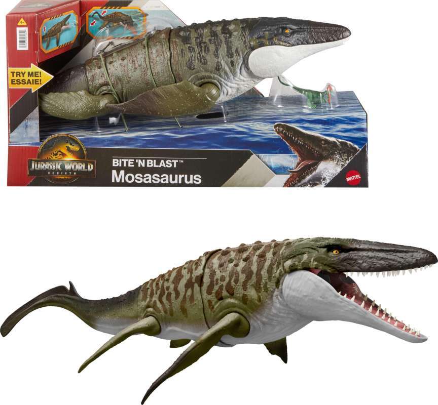 Jurassic World Rebirth Bite N Blast Mosasaurus Action Figure And Mini  Dilophosaurus Dinosaur Toy JCH00
