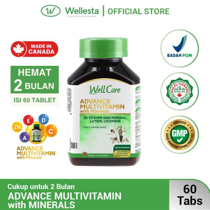 Wellcare Advance Multivitamin + Mineral Supplement untuk Mahasiswa dengan Magnesium dan Zinc, 60 Tablet untuk Imunitas dan Kesehatan Mata serta Jantung
