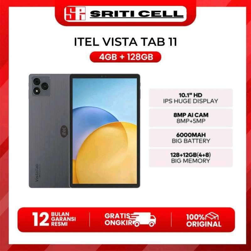 ITEL Vista Tab 11 dengan RAM 4GB, layar 10.1, baterai tahan lama 6000mAh, dan fitur AI Learning, ideal untuk belajar dan hiburan anak-anak