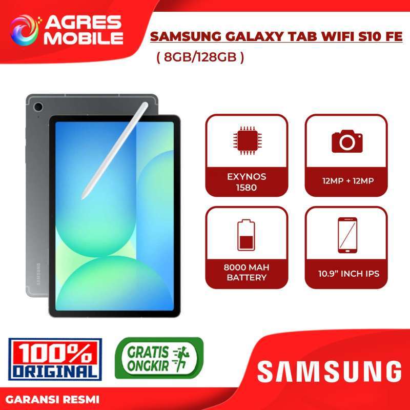 Samsung Galaxy Tab S10 FE, tablet ringan dan ringkas dengan layar 10,9 WUXGA+ 90 Hz dan S Pen. Ideal untuk streaming dan produktivitas multitasking
