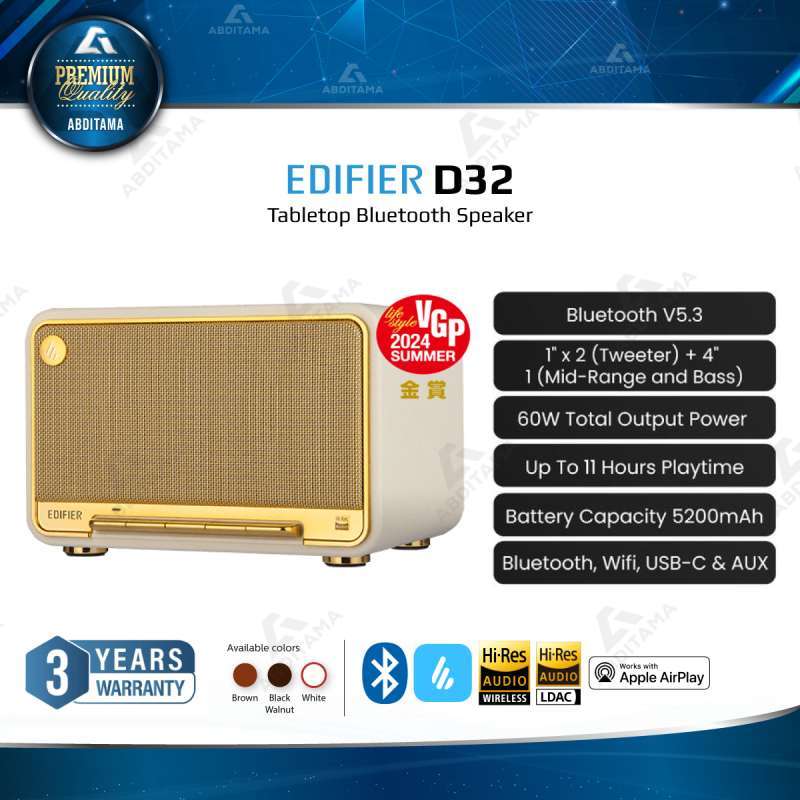 Speaker Tabletop EDIFIER D32 Wireless Bluetooth Speaker Driver Full-Range  Dual Speaker Passive Radiator RMS 60W Bluetooth AUX Desain Kayu