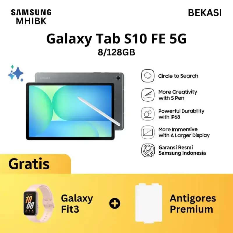 Samsung Galaxy Tab S10 FE+ untuk Mahasiswa, Layar 13,1, RAM hingga 8GB, dan Tahan Air IP68. Cocok untuk Pembelajaran Interaktif dan Multimedia