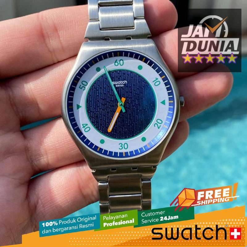 JAM TANGAN PRIA WANITA SWATCH ORIGINAL STAINLESS STEEL SILVER BLUE POWER OF  NATURE SWATCH SS07S143G SWATCH SS07S 143G JAM UNISEX NG