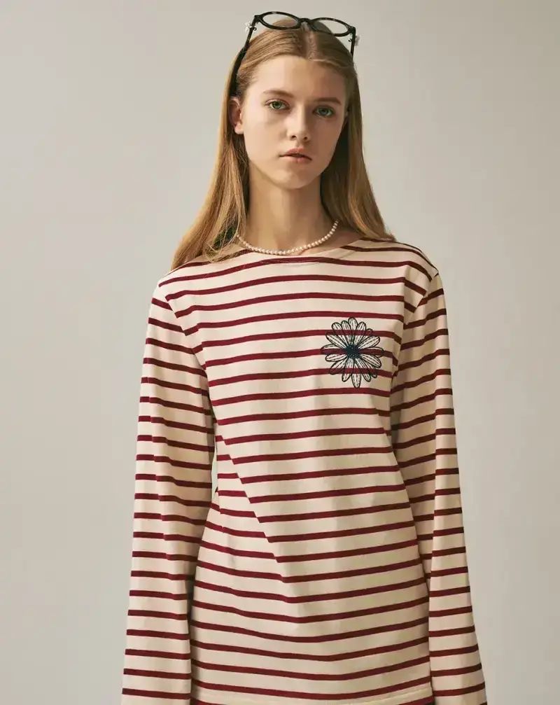 T-Shirt Long Sleeve Stripe - Burgundy Navy