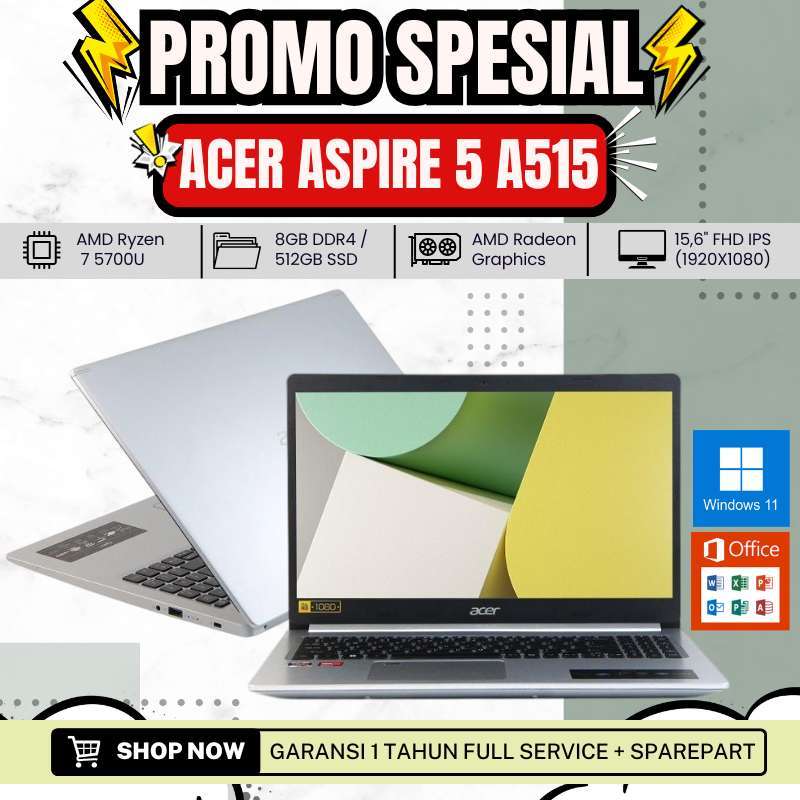 Laptop Gaming Acer Aspire A515-45-R958 Ryzen 5700U Ram 8Gb Ssd 512Gb  Layar FHD IPS Backlit W11 Silver