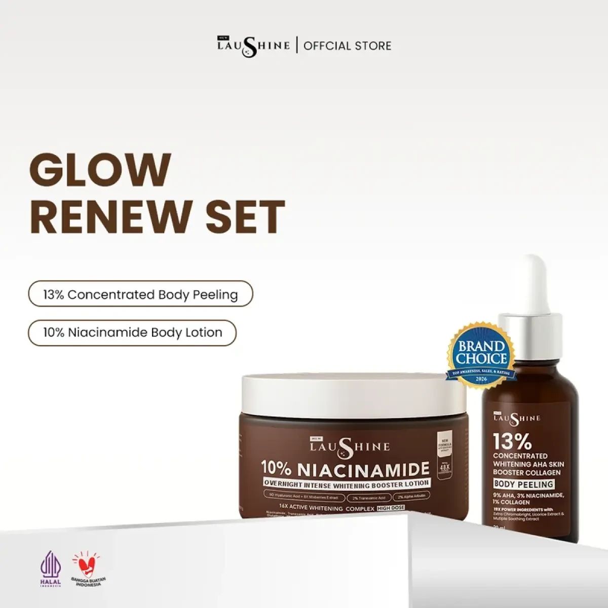 Promo Laushine - 2 Glow Series - Paket Bundling Body Lotion Jar + Skin Booster Body Peeling