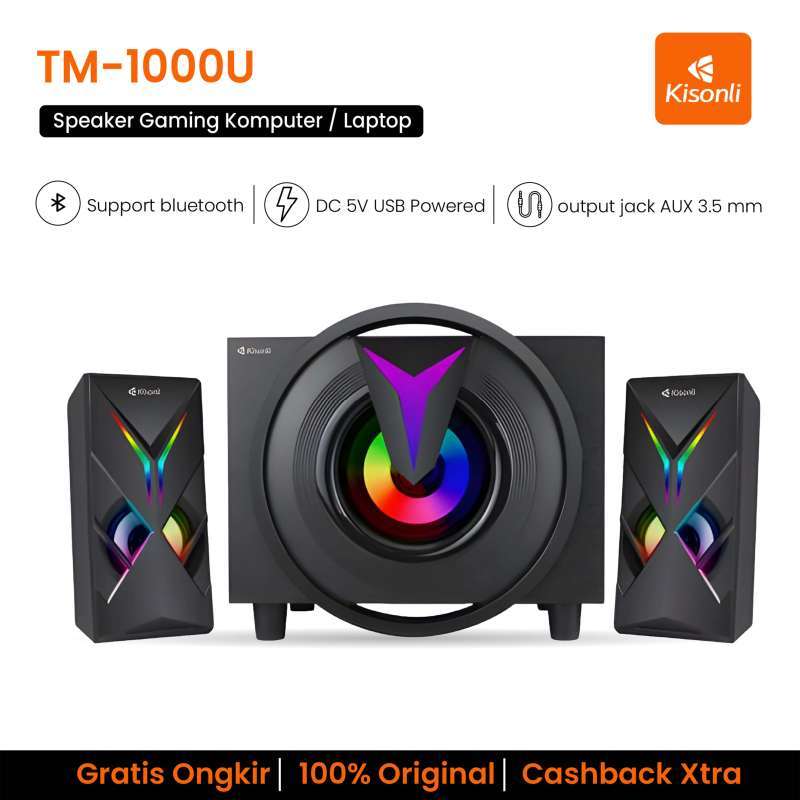 KISONLI TM-1000U Bluetooth Speaker with RGB LED, AUX & USB Support, 2.1 Sound for Phones & Laptops, DC 5V Powered, Ideal for Gaming & Music Enjoyment