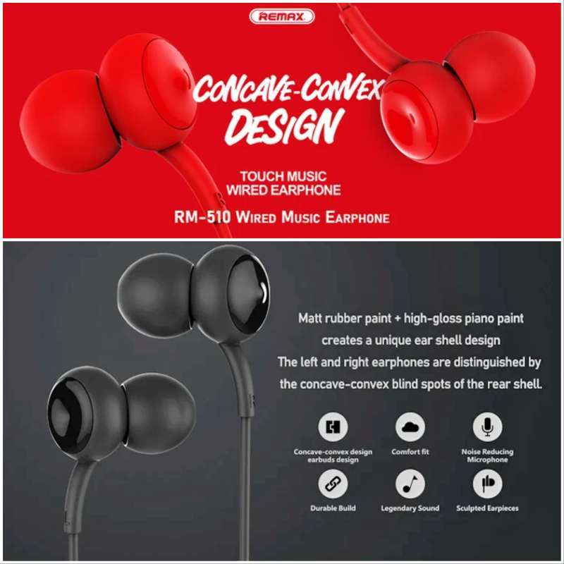 REMAX RM-510 Earphone Musik Warna Warni Concave-Convex Design