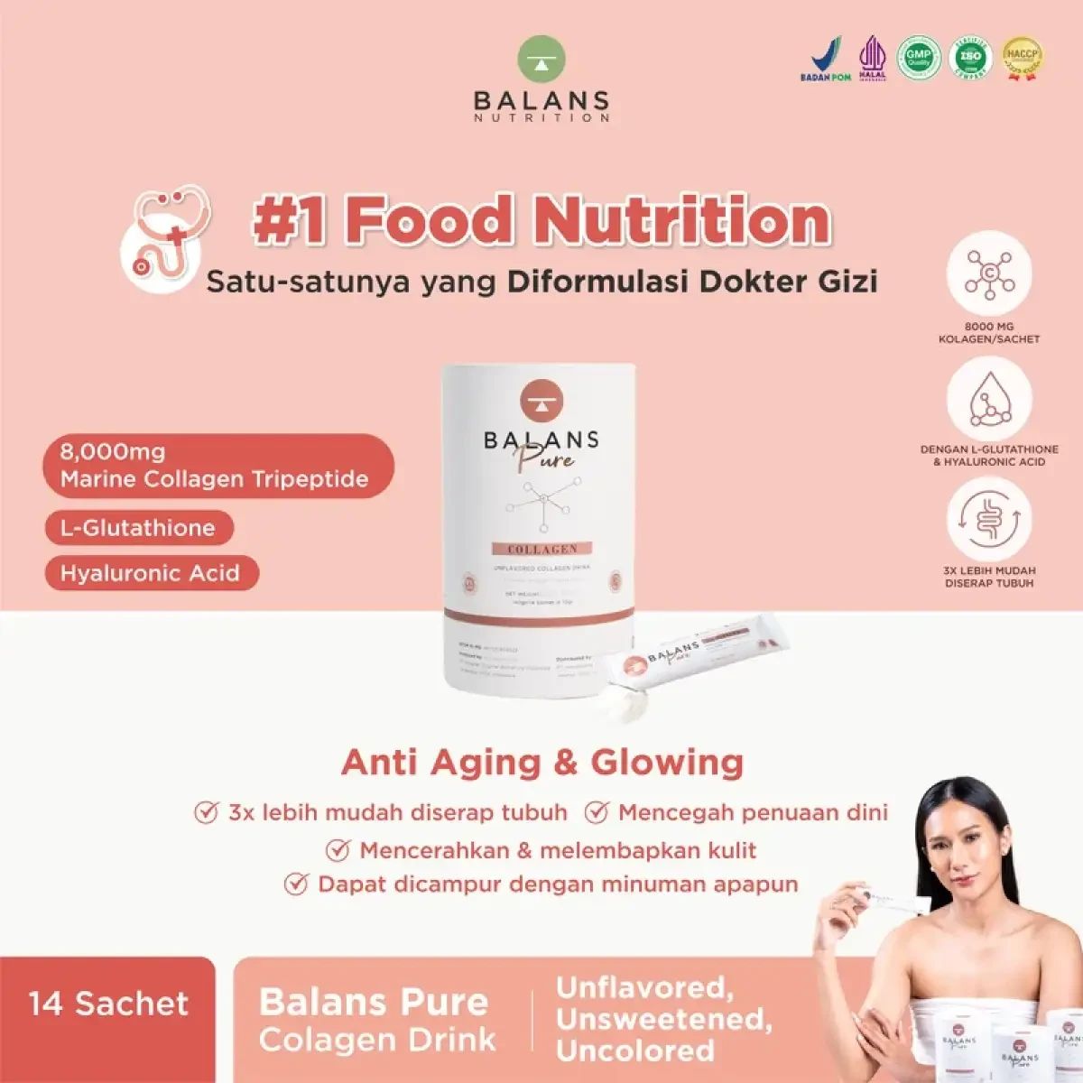 BALANS Pure | Collagen Drink | 8,000 mg Collagen | Marine Collagen Tripeptide | Glutathione