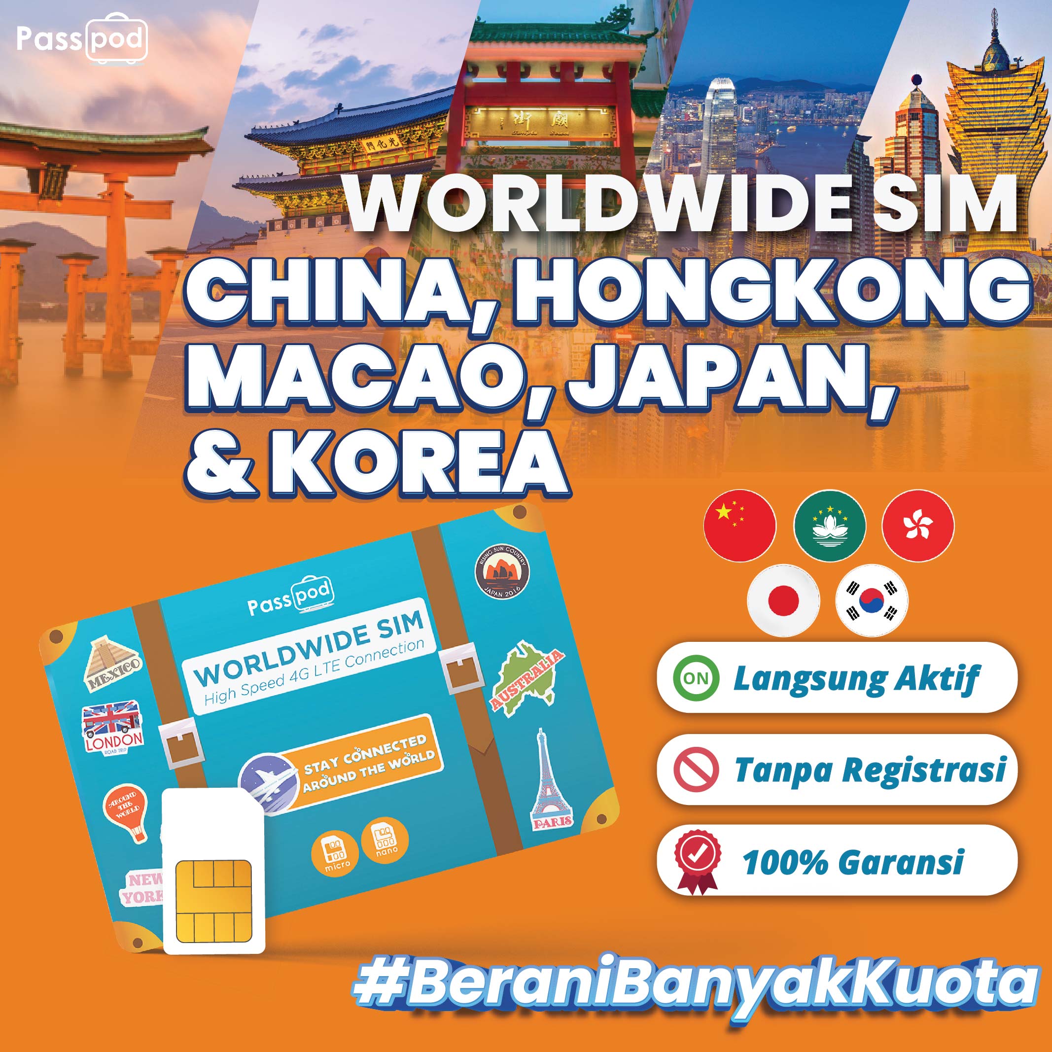 Promo Passpod Sim Card Hong Kong, Macau, Mainland China, Jepang, Korea