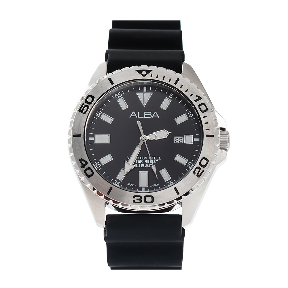 Promo Jam Tangan Pria ALBA Active AS9Q49 Black Dial Black Rubber Strap