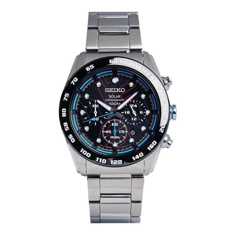 Jam Tangan Pria Seiko Solar SSC123P1 Chronograph Black Dial Stainless Steel Strap
