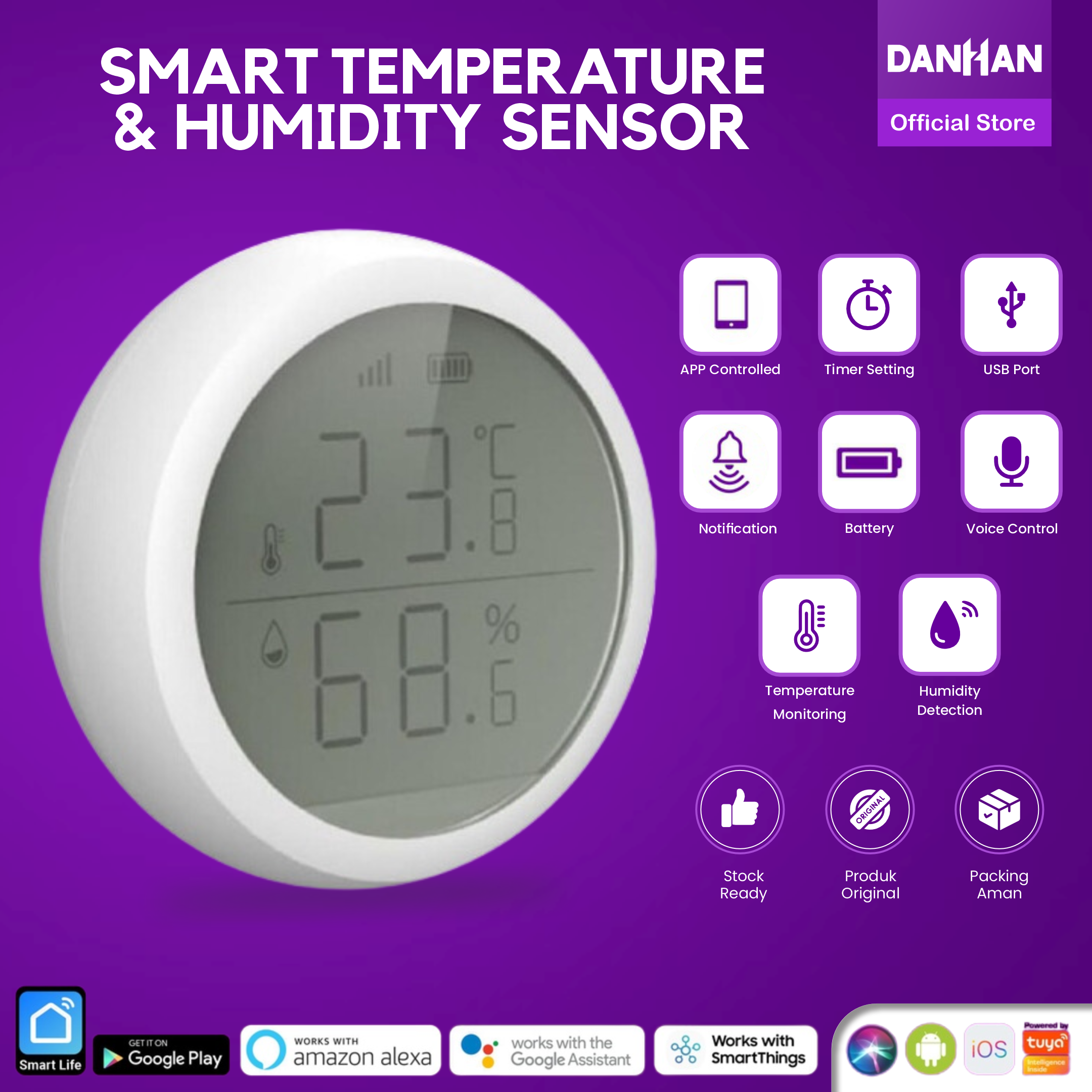 Promo Danhan Smart Temperature & Humidity Sensor. Suhu dan Kelembapan