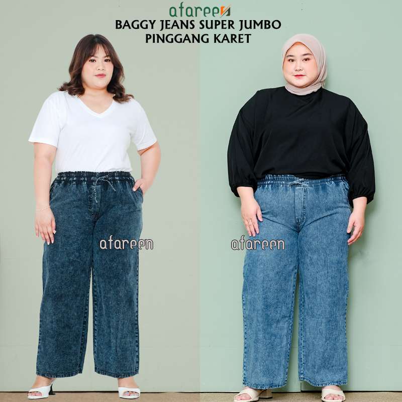 Afareen Kulot Jeans Pinggang Karet Big Size Celana Jeans Wanita Jumbo  Pinggang Kolor