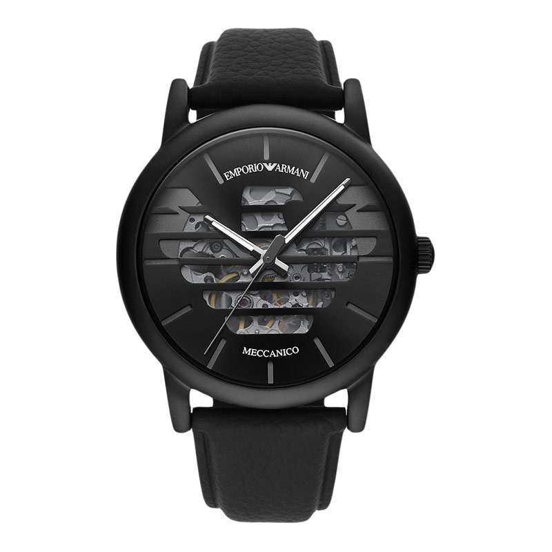 Jam Tangan Pria Emporio Armani Automatic AR60032 Meccanico Men Black  Skeleton Dial Black Leather Strap