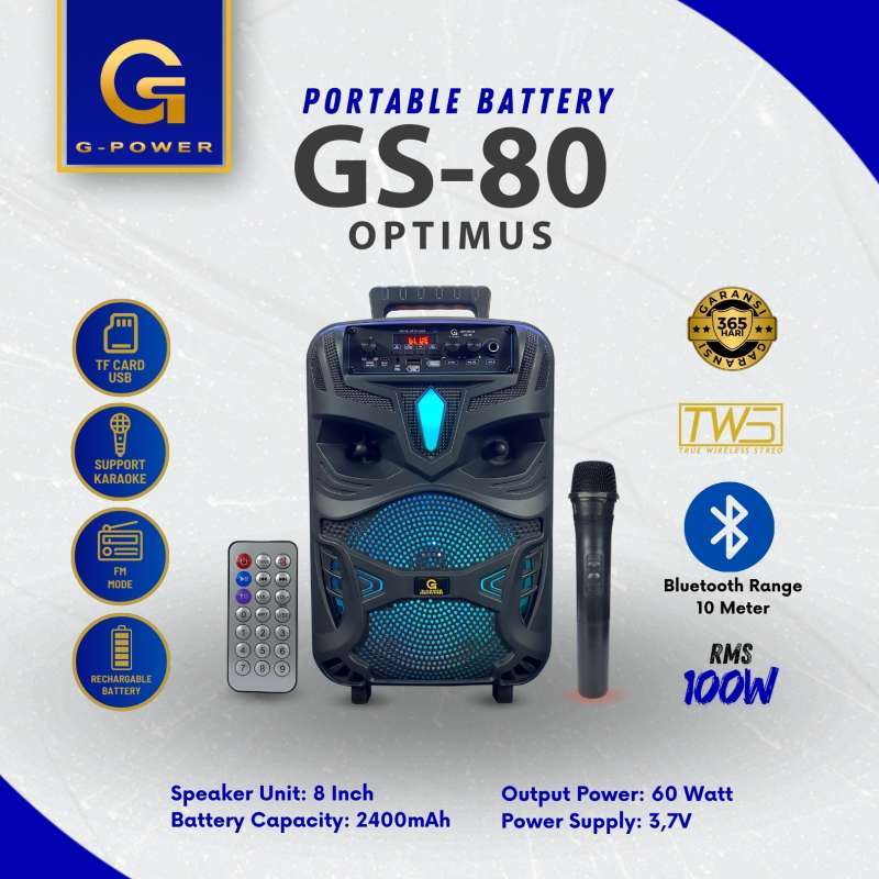 G-POWER PORTABLE BATTERY SPEAKER OPTIMUS GS-80 FREE MIC WIRELESS GARANSI  RESMI